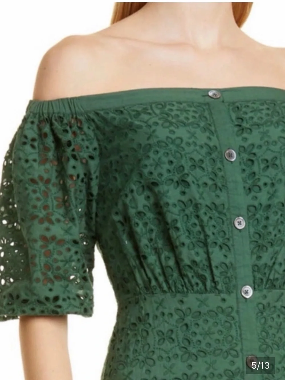 Veronica Beard Forest Green Off-Shoulder Eyelet Midi Dress